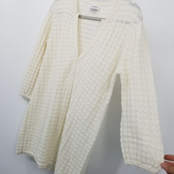 Calvin Klein V-Neck Long Tunic Sweater Cotton Wool - Picture 2 of 8